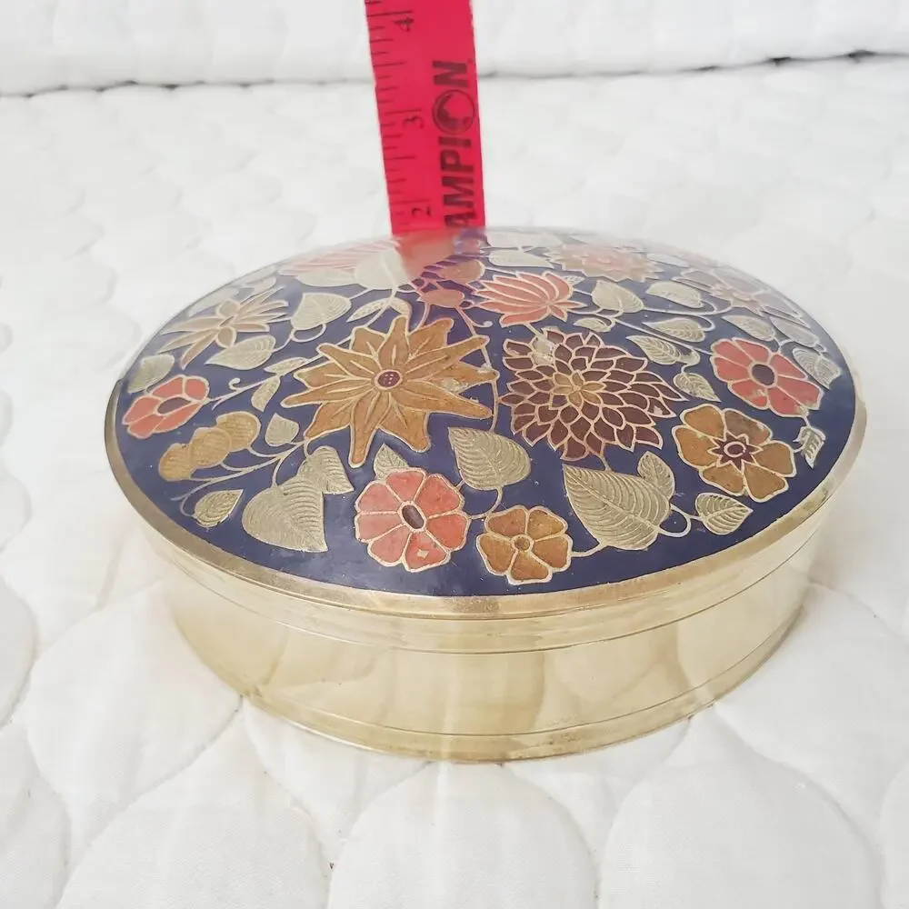 Vintage Floral Cloisonné Enamel Brass Round Lidded Trinket Box Canister Decor